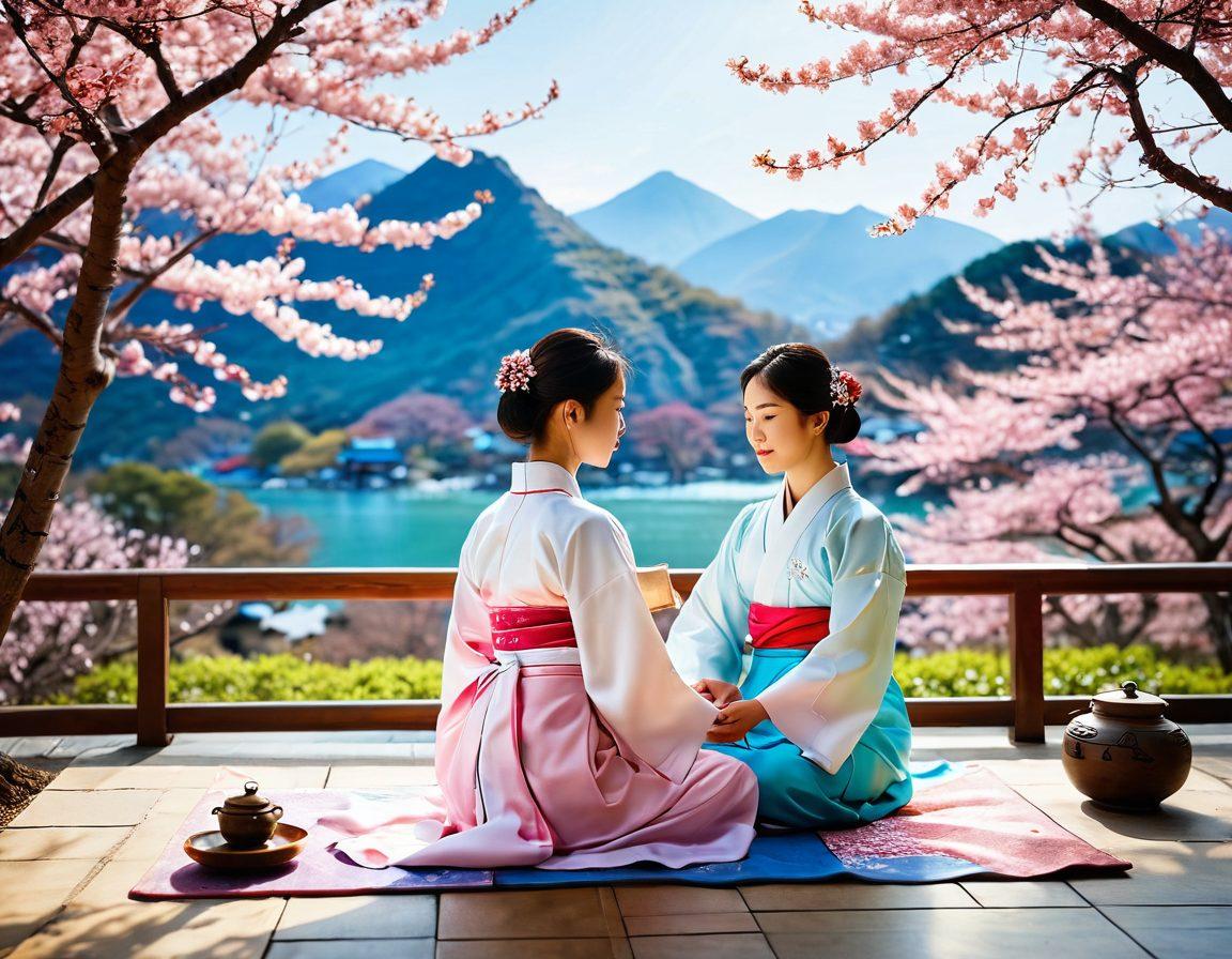 A serene scene illustrating traditional Korean elements harmoniously blended with symbols of mental well-being, like a tranquil tea ceremony amidst blooming cherry blossoms. Include a person meditating in hanbok, surrounded by soft light and vibrant colors representing happiness and peace. Depict calming natural elements like flowing water and gentle mountains in the background. super-realistic. vibrant colors. soft focus.