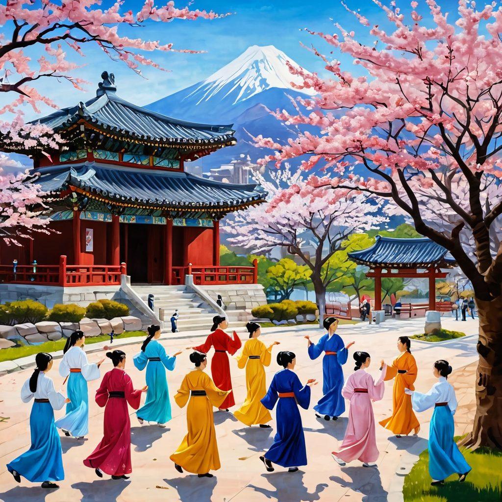 A harmonious scene depicting a blend of traditional Korean cultural elements and modern society, featuring people engaged in joyful activities like sharing food, music, and dance. The backdrop includes iconic Korean architecture and cherry blossom trees in full bloom, symbolizing growth and happiness. Visualize diverse individuals expressing joy, collaboration, and community spirit. The overall ambiance should evoke a sense of warmth and unity. super-realistic. vibrant colors. peaceful atmosphere.