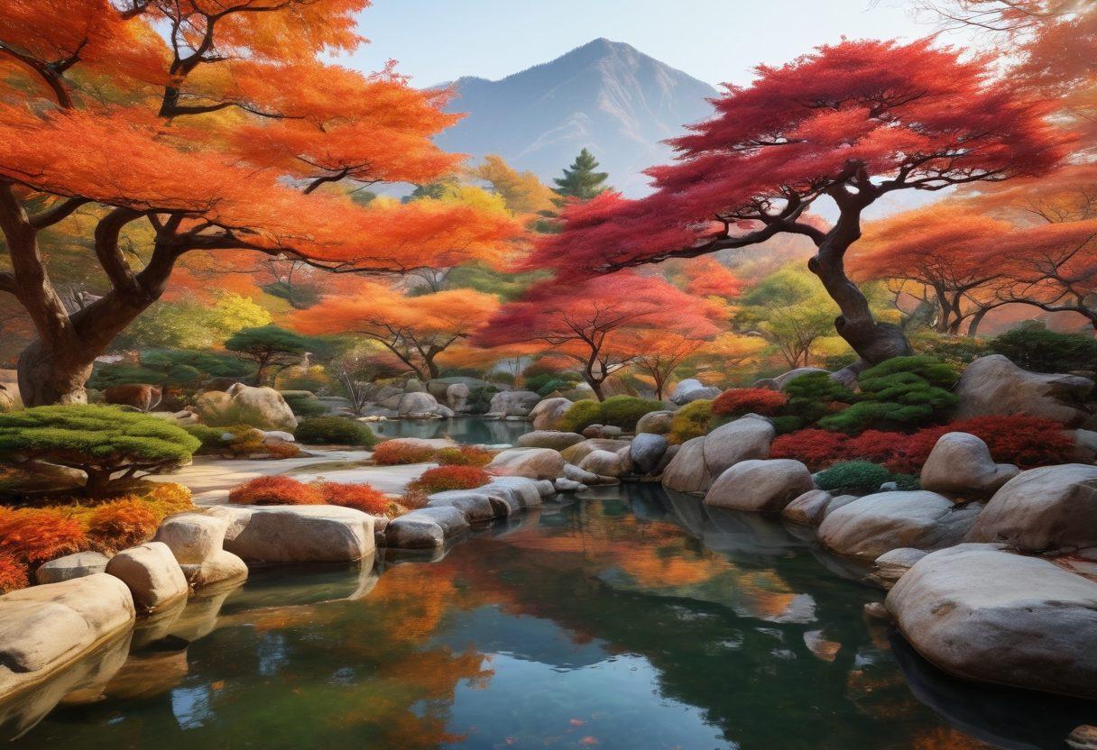 A serene scene depicting a peaceful Korean garden with traditional elements like a koi pond and bonsai trees, where a person practices meditation surrounded by colorful autumn leaves. Incorporate symbols of mental wellness such as calming colors and soft light, emphasizing harmony and tranquility. The background features gentle mountains to enhance the sense of peace. vibrant colors. super-realistic.